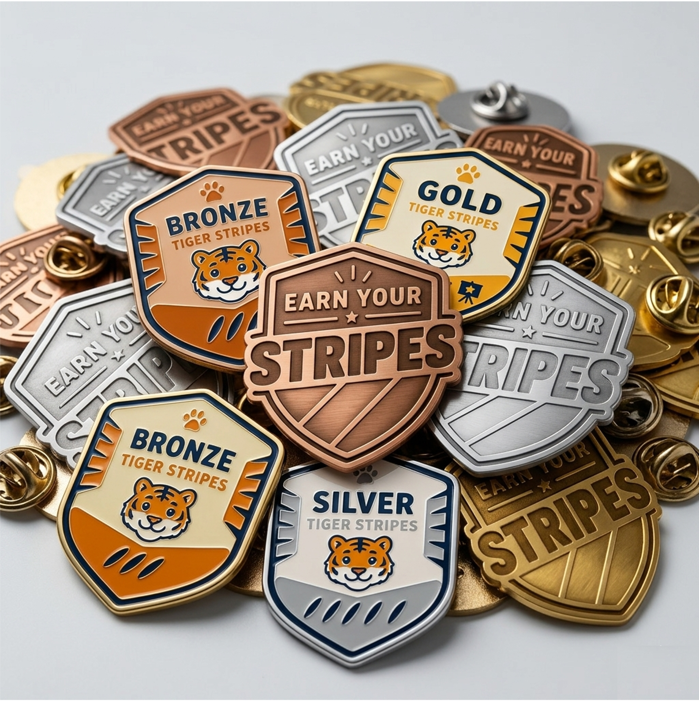 A pile of premium pin badges across Bronze, Silver and Gold for Tiger Stripes and Earn Your Stripes
