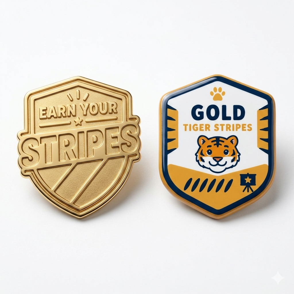 Earn Your Stripes and Gold Tiger Stripes premium pin badges